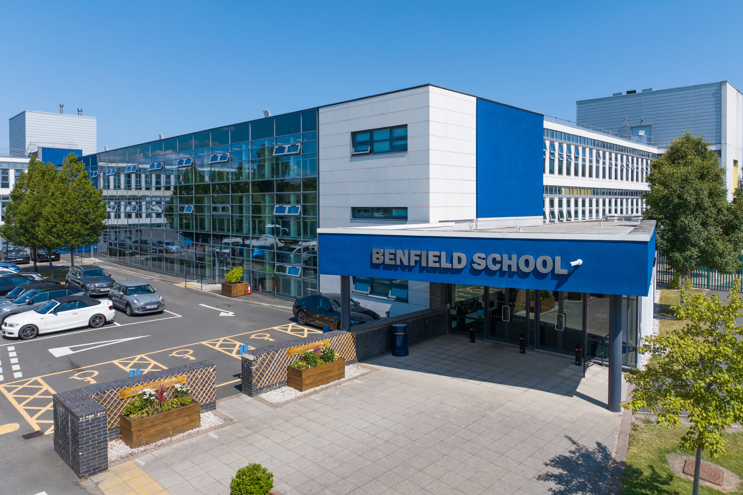 front of Benfield School, Newcastle upon Tyne on a sunny day.